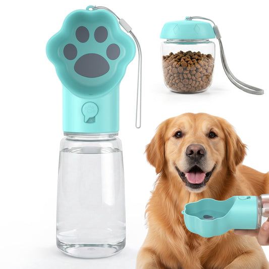 Dog Water Bottle with Food Container, 18.6Oz Pet Dispenser Cup, Detachable 5.7Oz Food Container, Portable Leak-Proof Water Bottle with Lock, Blue